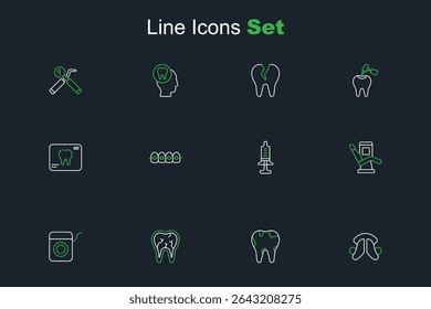 Set line Dental tooth plate, Broken, floss, Medical dental chair, Syringe, Teeth with braces and X-ray of icon. Vector