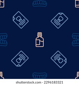 Set line Dentures model, Clipboard with dental card and Mouthwash on seamless pattern. Vector