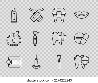 Set line Dentures model, Dental protection, Teeth with braces, medical syringe, Tube of toothpaste, Tooth drill, explorer scaler for teeth and Medicine pill tablet icon. Vector