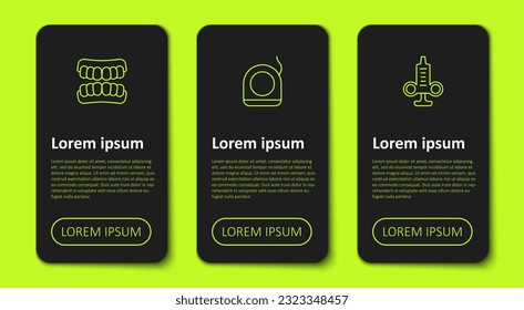 Set line Dentures model, Dental floss and Syringe. Business infographic template. Vector