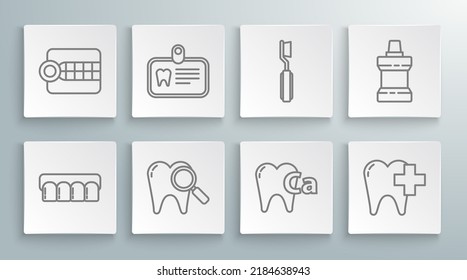 Set line Dentures model, Id card with tooth, Dental search, Calcium for, clinic dental care, Toothbrush, Mouthwash plastic bottle and  icon. Vector