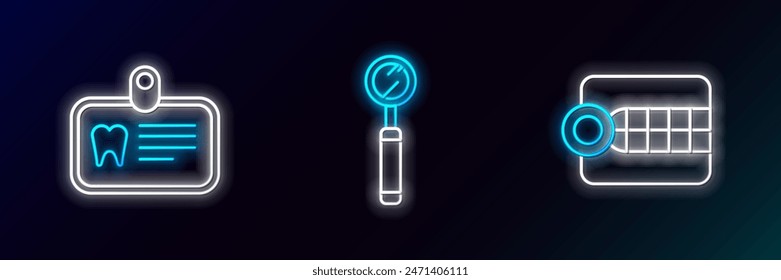 Set line Modelo de dentadura postiza, tarjeta de identificación con el diente y el icono del espejo de inspección dental. Neón brillante. Vector