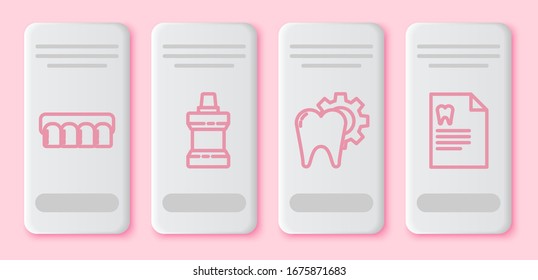 Set line Dentures model, Mouthwash plastic bottle, Tooth treatment procedure and Clipboard with dental card. White rectangle button. Vector