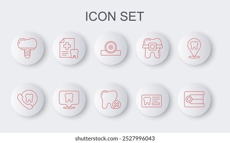 Set line Dentures model, Online dental care, Otolaryngological head reflector, Dental card, implant, clinic location and Tooth with caries icon. Vector