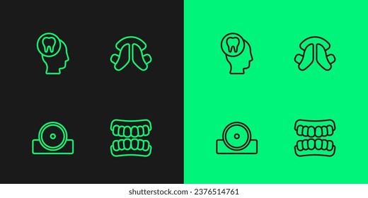 Set line Dentures model, Otolaryngological head reflector, Toothache and Dental tooth plate icon. Vector