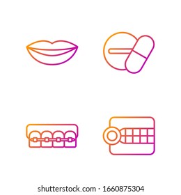 Set line Dentures Model, Zähne mit Klammern, Lächeln Lippen und Medizin Pille oder Tablette. Farbsymbole. Vektorillustration