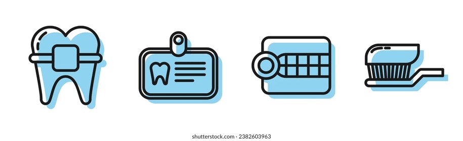 Set line Dentures model, Teeth with braces, Id card with tooth and Toothbrush with toothpaste icon. Vector