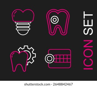 Set line Dentures model, Tooth treatment procedure, with caries and Dental implant icon. Vector