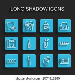 Set line Dentures model, Toothbrush, with caries, Human head tooth, Dental card, explorer scaler, Teeth braces and drill icon. Vector