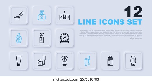 Set line Deodorant roll, Bottle of shampoo, Mascara brush, nail polish, Tube hand cream and Makeup icon. Vector