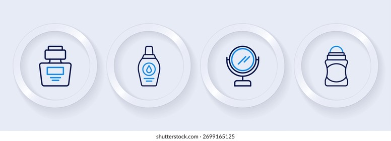 Definir linha Rolo de desodorante, espelho de maquiagem redonda, garrafa de shampoo e ícone Perfume. Vetor