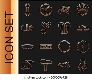 Set line Derailleur bicycle rear, Bicycle sprocket crank, shoes, head lamp, Wrench spanner and Cycling t-shirt icon. Vector