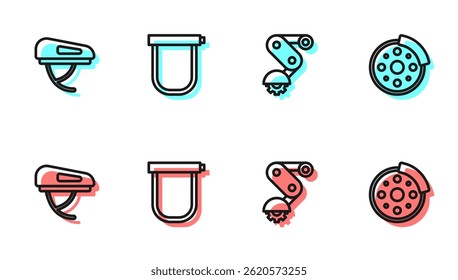 Set line Derailleur bicycle rear, Bicycle helmet, lock and brake disc icon. Vector