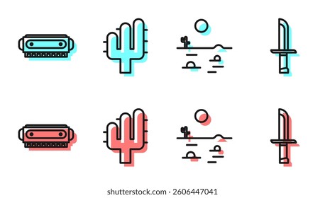 Set line Desert landscape with cactus, Harmonica, Cactus and Military knife icon. Vector
