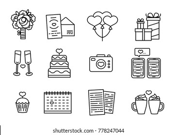 Set line design icon for valnetine's day.  Romanic symbol wih cake, heart, flower and couple mug. Vector logo with element love. Badge for promotion valentine holiday