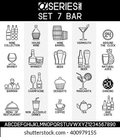 Set of line design icons of bar and alcoholic, non alcoholic drinks, EPS 8.