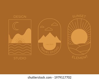 Conjunto de plantillas de diseño de línea con montañas, sol, mar, olas, .Editable ilustraciones vectoriales para sitio web, pegatina, tatuaje, icono.