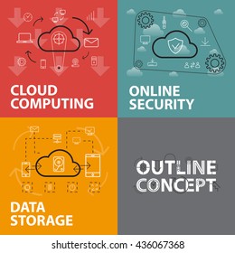 Set of line design trendy web banners for cloud computing, online security and data storage. Outline style vector concepts, can be used for web design, banner design, and graphic design.
