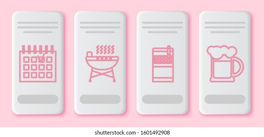 Set line Detailed calendar , Barbecue grill , Open cigarettes pack box  and Wooden beer mug . White rectangle button. Vector