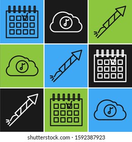 Set line Detailed calendar , Firework rocket  and Music streaming service  icon. Vector