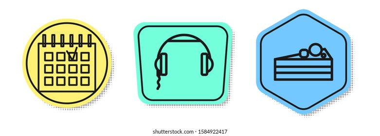 Set line Detailed calendar , Headphones  and Cake . Colored shapes. Vector