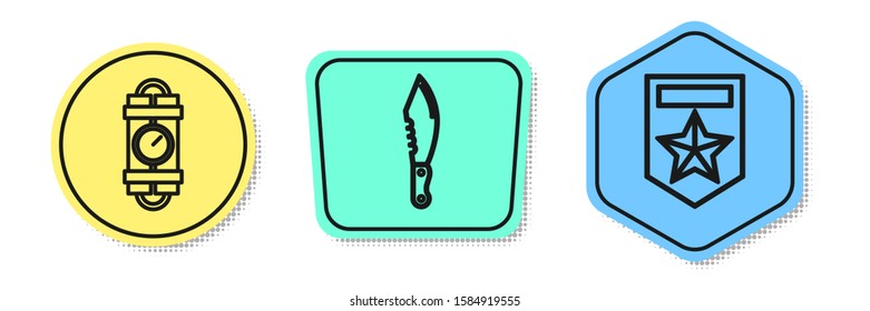 Set line Detonate dynamite bomb stick and timer clock, Military knife  and Chevron . Colored shapes. Vector