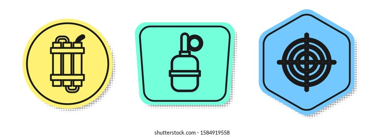 Set line Detonate dynamite bomb stick, Hand grenade  and Target sport for shooting competition. Colored shapes. Vector