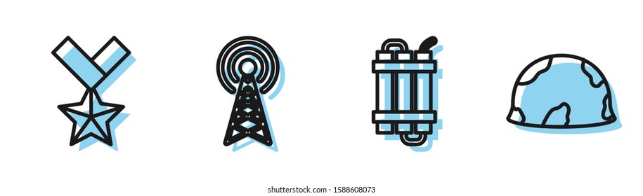 Set line Detonate dynamite bomb stick, Military reward medal , Radar  and Military helmet  icon. Vector