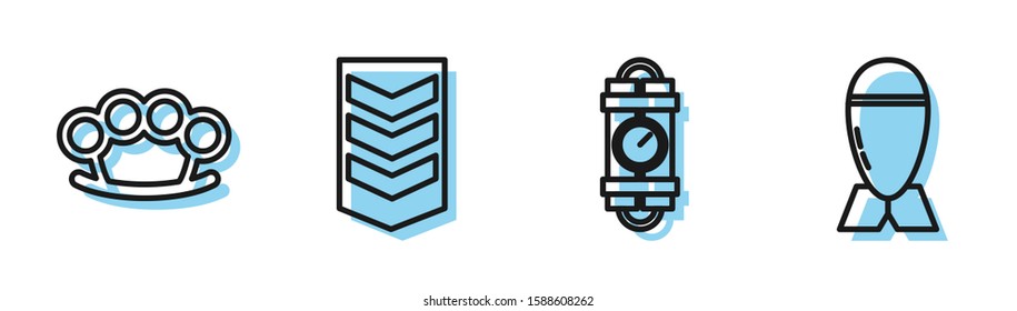Set line Detonate dynamite bomb stick and timer clock, Brass knuckles , Military rank  and Aviation bomb  icon. Vector