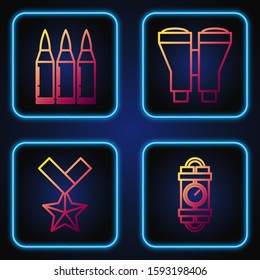 Set line Detonate dynamite bomb stick and timer clock, Military reward medal , Bullet  and Binoculars . Gradient color icons. Vector
