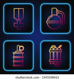 Set line Detonate dynamite bomb stick, Hand grenade , Military reward medal  and Hand grenade . Gradient color icons. Vector
