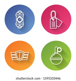 Set line Detonate dynamite bomb stick and timer clock, Military dog tag , Military reward medal  and Hand grenade . Color circle button. Vector