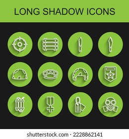 Set line Detonate dynamite bomb stick, Military reward medal, Target sport for shooting competition, dog tag, Gas mask, Brass knuckles, Chevron and helmet icon. Vector