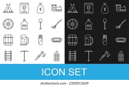 Línea Detonate dinamita bomba stick, Harmonica, indio nativo americano de fumar tubo, Bolsa de dinero, Alcohol Beber Botella de ron, Vieja rueda de madera, indio tepee o wigwam e icono Shovel. Vector