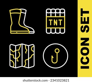 Set line Detonate dynamite bomb stick, Fishing hook, Folded map and boots icon. Vector