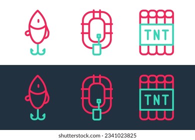 Set line Detonate dynamite bomb stick, Fishing lure and Inflatable boat icon. Vector