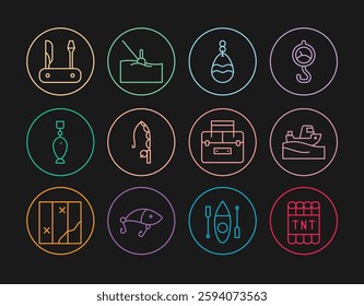 Set line Detonate dynamite bomb stick, Fishing boat water, spoon, rod, Swiss army knife, Case container for wobbler and float icon. Vector