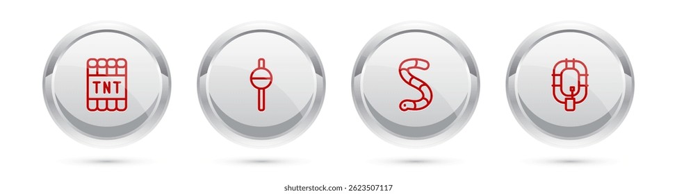 Detonate el palillo de la bomba de la dinamita, flotador de la pesca, gusano y barco inflable. Botón de círculo plateado. Vector