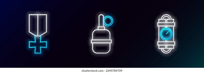 Set line Detonate dynamite bomb stick and timer clock, Military reward medal and Hand grenade icon. Glowing neon. Vector