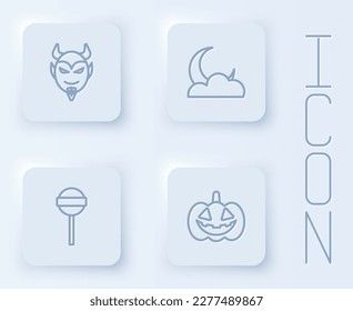 Set line Devil head, Moon and stars, Lollipop and Pumpkin. White square button. Vector