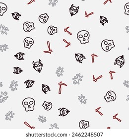 Set line Devil head, Skull, Voodoo doll and Scythe on seamless pattern. Vector