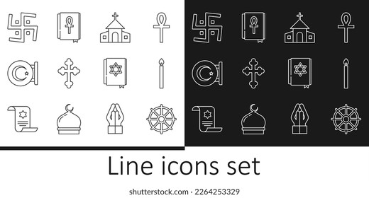 Die Linie Dharma-Rad, Brennende Kerze, Kirchenbau, christliches Kreuz, Stern-Crescent, Hindu-Swastika, jüdisches Torachbuch und Kreuzankh-Symbol. Vektorgrafik