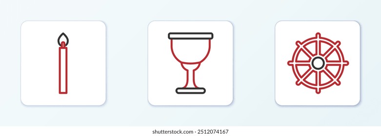 Set line Dharma wheel, Burning candle and Holy grail or chalice icon. Vector