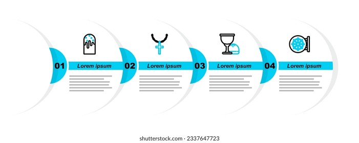 Set line Dharma wheel, Holy grail or chalice, Christian cross on chain and Easter cake icon. Vector
