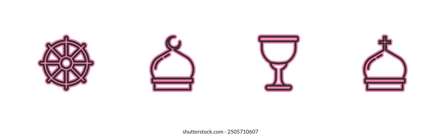 Set line Dharma wheel, Holy grail or chalice, Muslim Mosque and Church tower icon. Vector