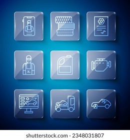 Set line Diagnostics condition of car, Car transporter truck, Broken, Auto service check automotive, Canister for motor machine oil, mechanic, Online services and Check engine icon. Vector