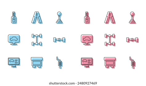 Set line Diagnostics condition of car, Fuse, Car key with remote, muffler, Chassis, service and battery jumper power cable icon. Vector