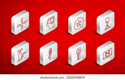 Set line Diagnostics condition of car, Car door, Gear, shifter, key with remote, Wheel wrench, muffler and air pump icon. Vector