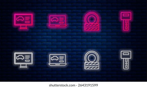 Set line Diagnostics condition of car, Car tire wheel,  and key with remote. Glowing neon icon on brick wall. Vector