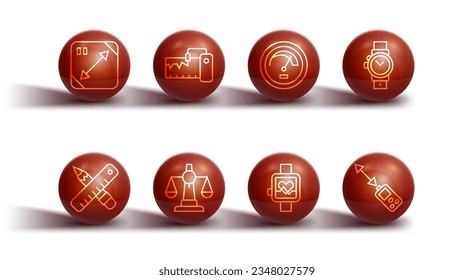 Set line Diagonal measuring, Crossed ruler and pencil, Wrist watch, Smart, Scales of justice, Measuring instrument, Laser distance measurer and Speedometer icon. Vector